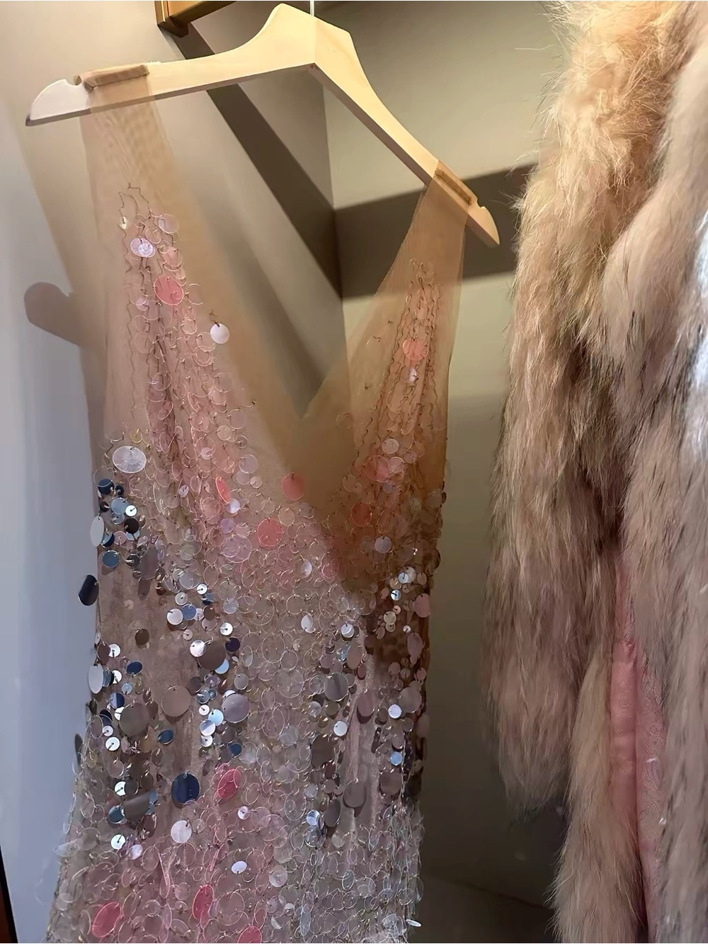 Vintage Sequin Mesh Sheer Slip Dress in Nude with Iridescent Discs - Picture 3 of 6
